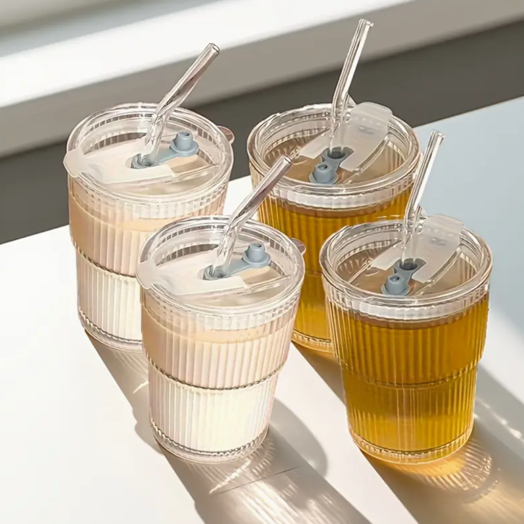 Glass Tumblers with Glass Straw 400mls - On The Go