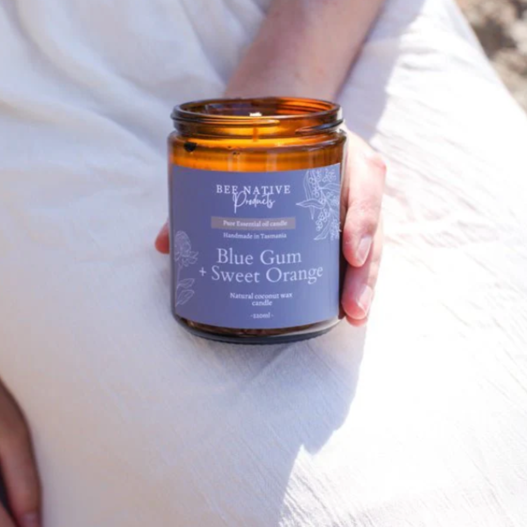 Blue Gum & Sweet Orange Essential oil Candle - 220ml Amber Glass Jar