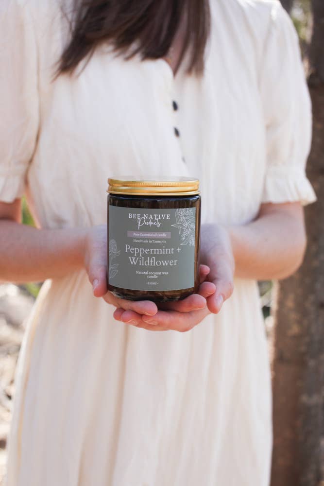 Peppermint & Wildflower Essential Oil Candle - 220ml Amber Glass Jar