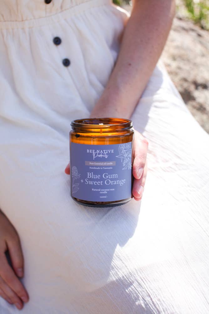 Blue Gum & Sweet Orange Essential oil Candle - 220ml Amber Glass Jar